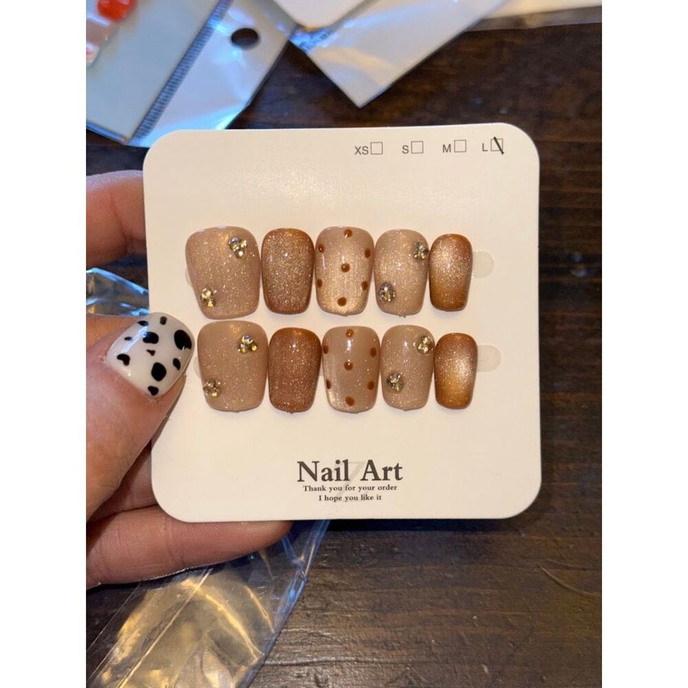 Brown Glitter Cateye Square Press On Nails Size Large